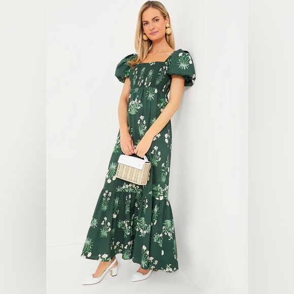 Tuckernuck Dresses & Skirts - TUCKERNUCK SIZE S Viridian Stamped Bouquets Gabrielle Dress MAXI GREEN POPLIN